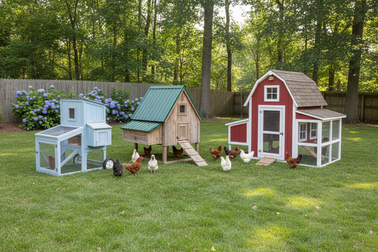 Three chicken coops with runs in a sunny yard: blue, green-roofed wooden, and red with mesh, chickens roaming.