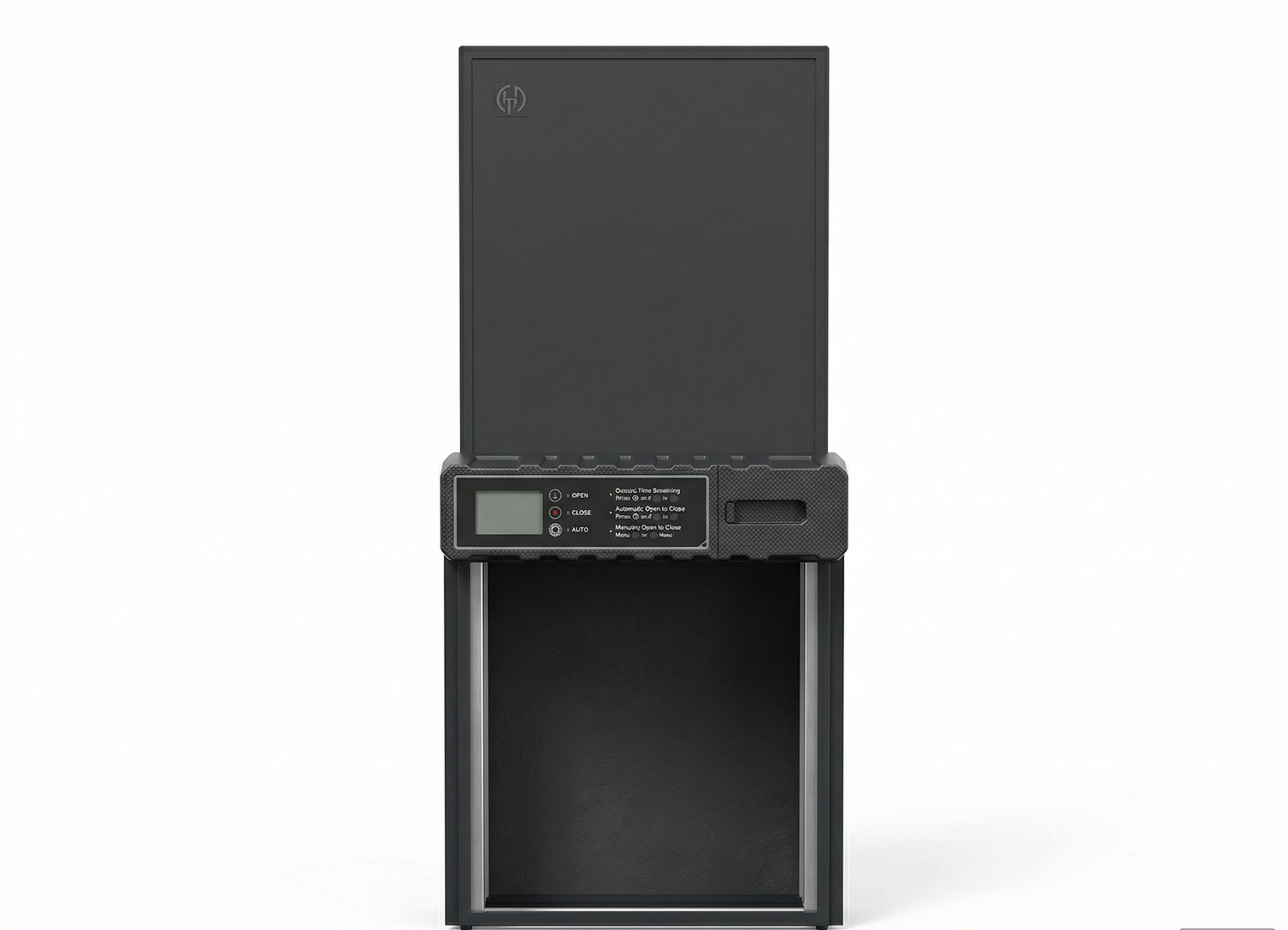 Black electronic Chicken coop door with digital display on a white background