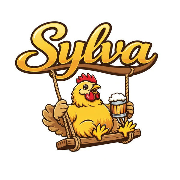Logo with a cartoon chicken on a swing, holding a beer mug, and the name 'Sylva' above.