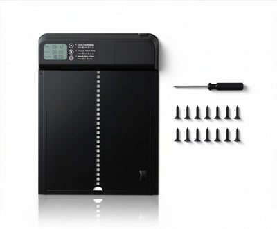 Black automatic chicken coop door with screws and a screwdriver on a white background