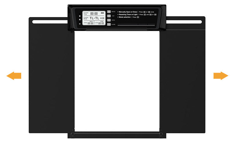 black electronic chicken coop door devices with a screen and buttons on a white background