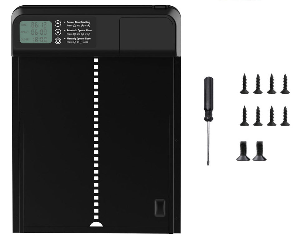 Black electronic coop door with screws and a screwdriver on a white background