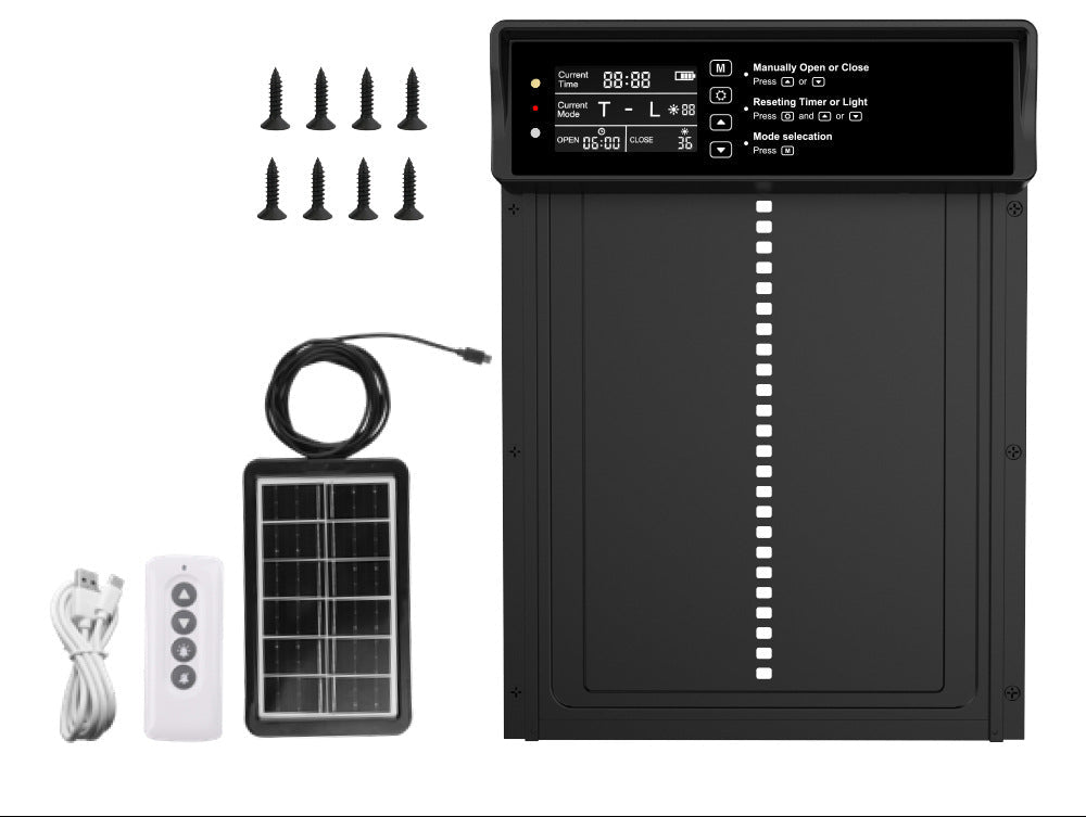 Black electronic coop door with solar panel, remote control, and cables on a white background